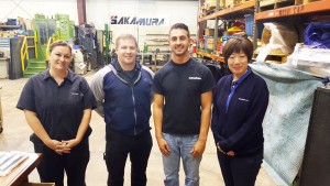 Pictured on the Sakamura shop floor, L-R, are:  Sheila Schmidt, Shipping & Receiving Coordinator; Nathan Conley, former Ohio State intern, now Sales & Purchasing Supervisor; Trevor Bender, OSU Shipping & Receiving Intern; Naomi Taniguchi, Office Manager & Treasurer.